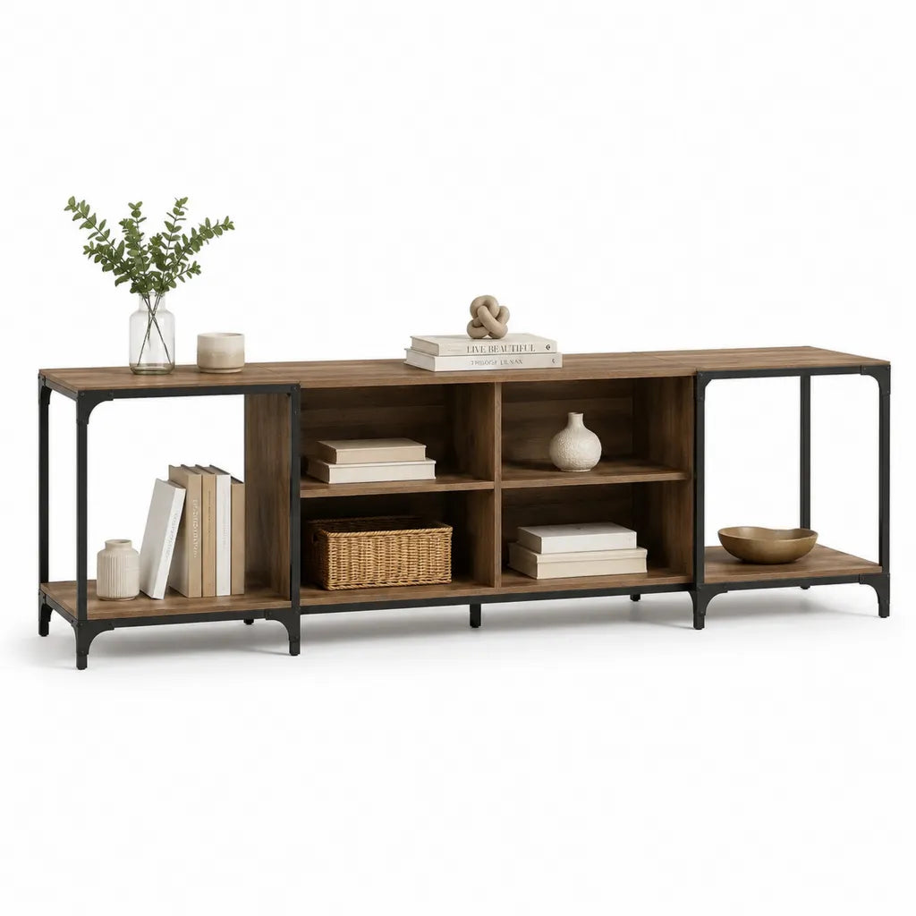 Mobile TV con 6 ripiani in MDF effetto noce e acciaio nero 180 x 40 x 75 cm