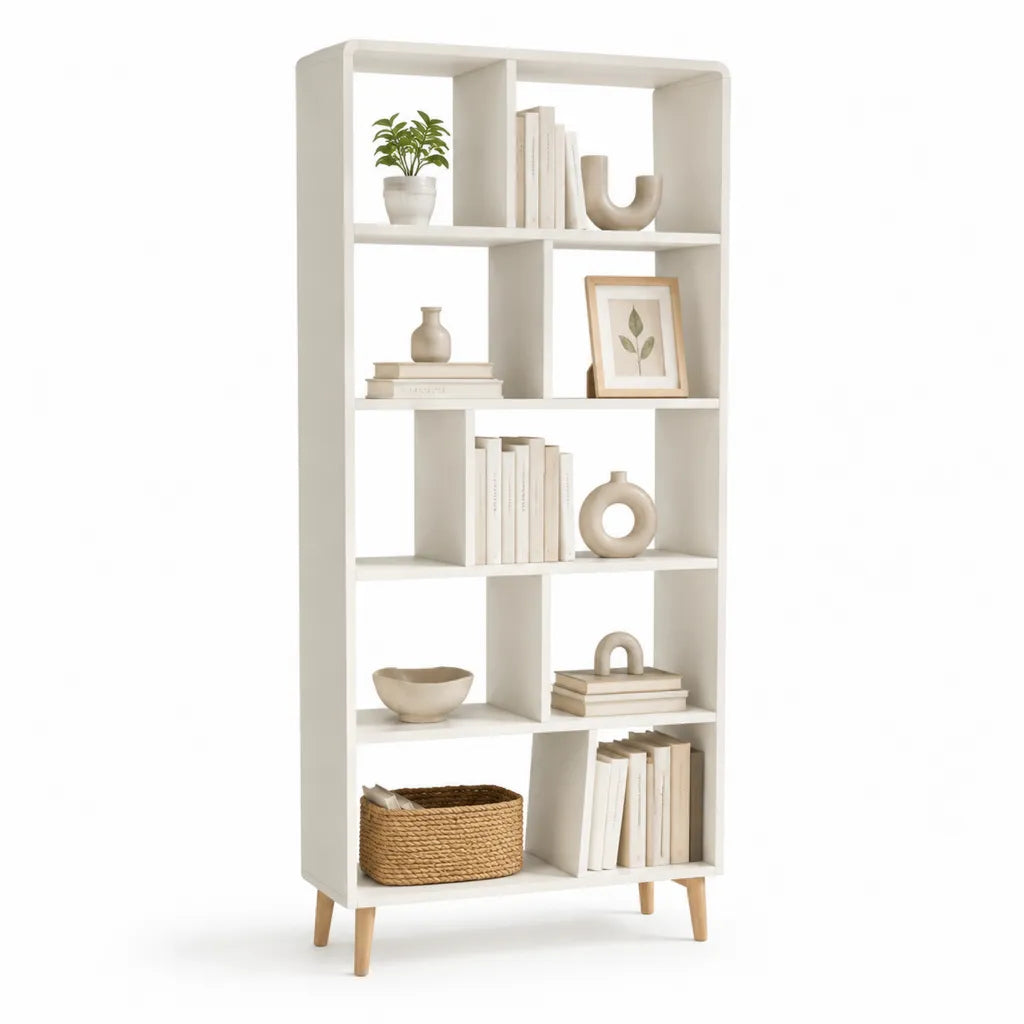 Libreria a giorno 80 x 30 x 190 cm in MDF bianco con 10 vani e gambe color naturale