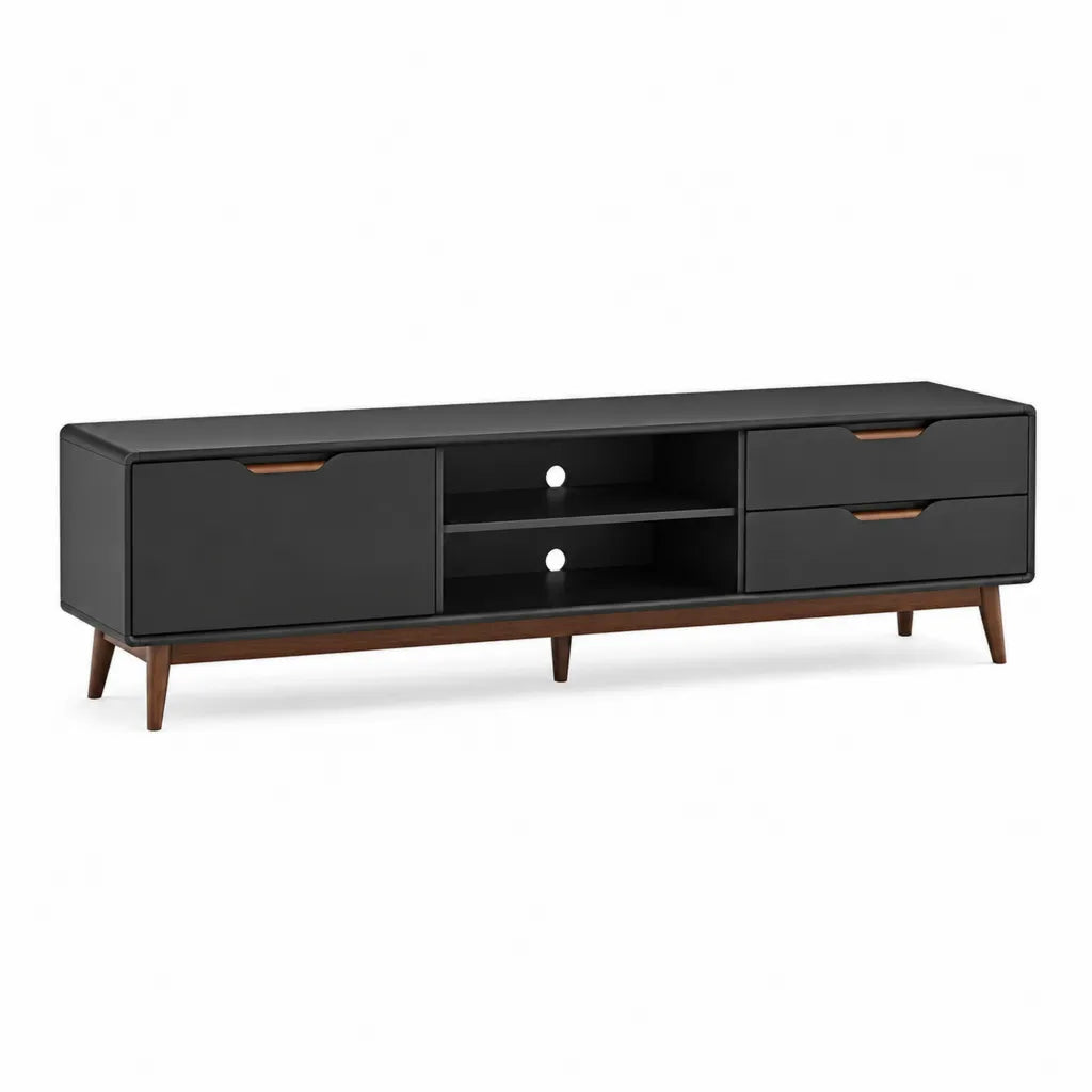 Mobile TV basso rettangolare nero e noce in MDF 180 x 40 x 52 cm con 2 cassetti e vano aperto
