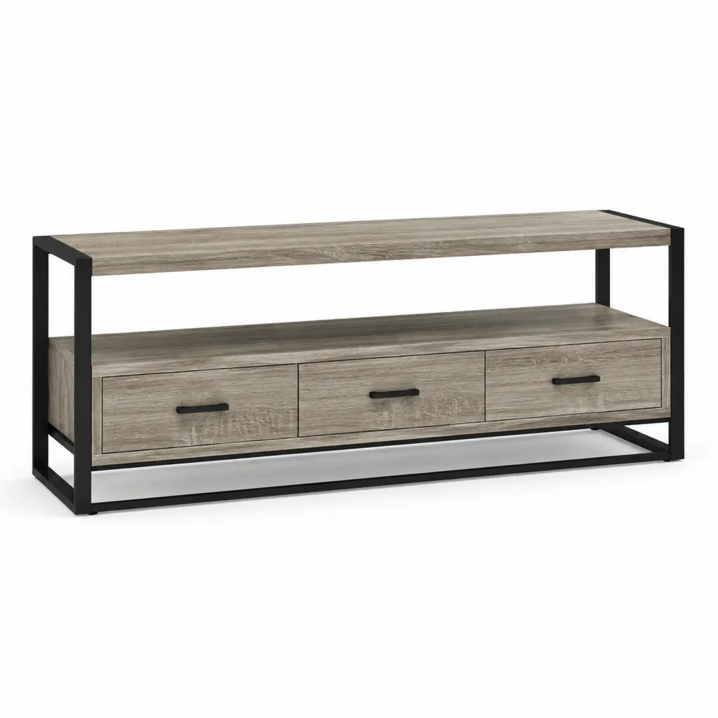 Mobile TV rettangolare con 3 cassetti e 2 ripiani in truciolare e acciaio grigio rovere nero 140 x 40 x 70 cm