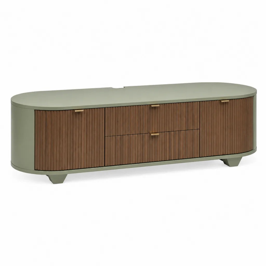 Mobile TV 180 x 45 x 60 cm in MDF impiallacciato noce con ante e cassetti verde salvia