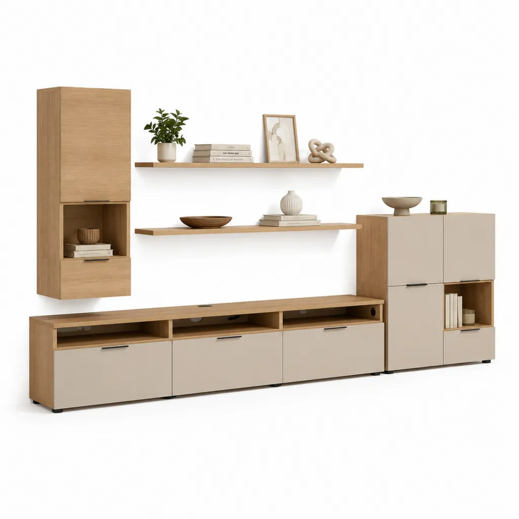 Parete attrezzata soggiorno porta TV 5 pezzi in truciolare nobilitato rovere naturale e tortora 330 x 40 x 160 cm