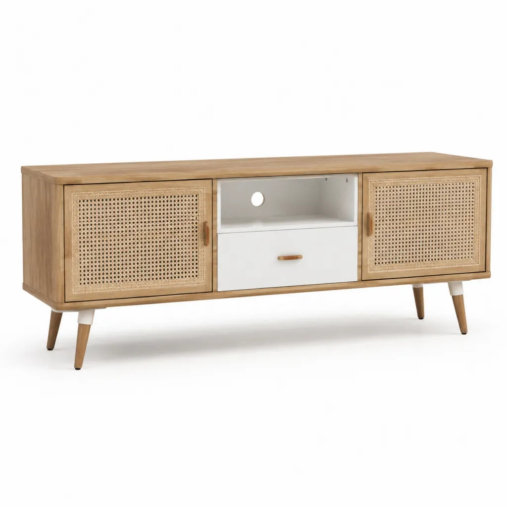 Mobile porta TV rettangolare in legno massello e rattan naturale rovere e bianco 160 x 40 x 60 cm