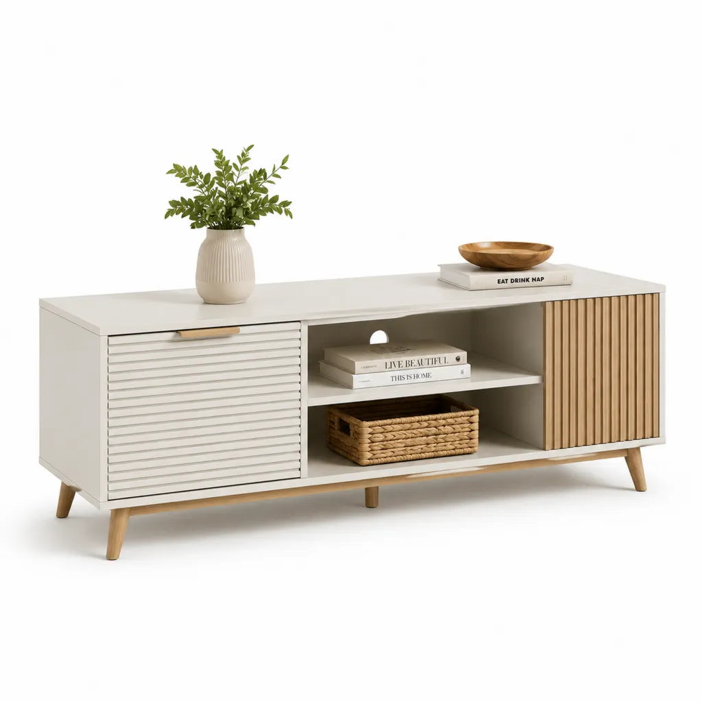 Mobile TV con ante scorrevoli in MDF 140 x 40 x 55 cm bianco e legno naturale