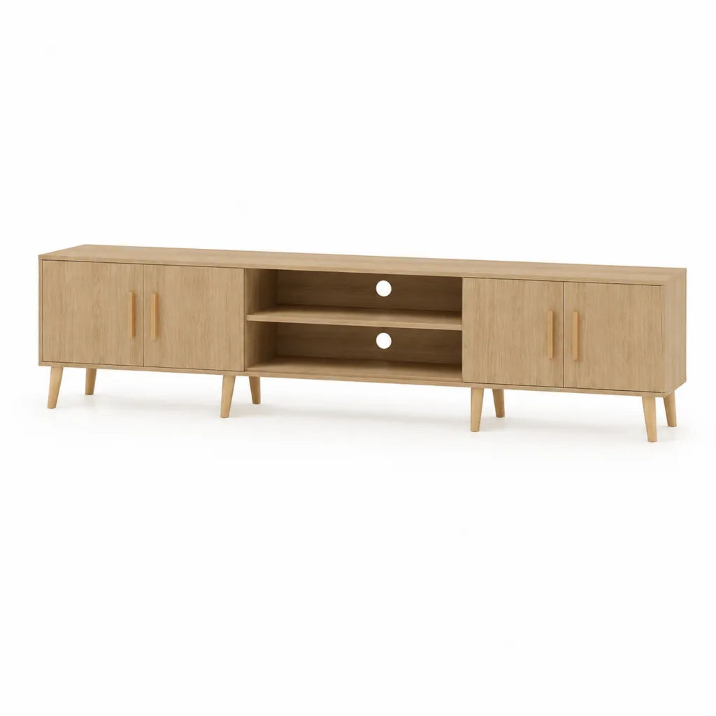 Mobile TV 180 x 40 x 55 cm in MDF effetto rovere naturale con 4 ante e 2 ripiani