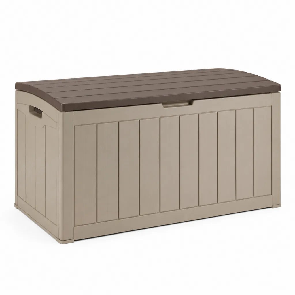 Baule da giardino contenitore 270 L in polipropilene rettangolare tortora e marrone 116.7 x 44.7 x 57 cm
