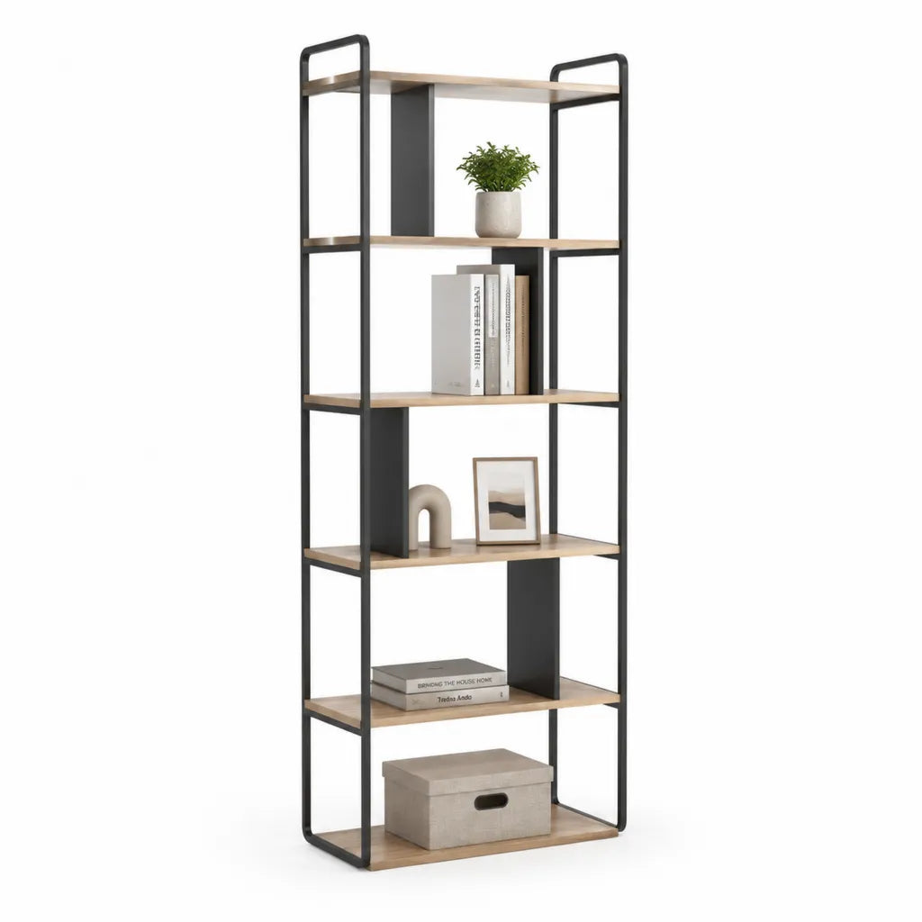 Libreria a 6 ripiani 60 x 30 x 180 cm in pannelli di truciolare rovere chiaro e acciaio nero