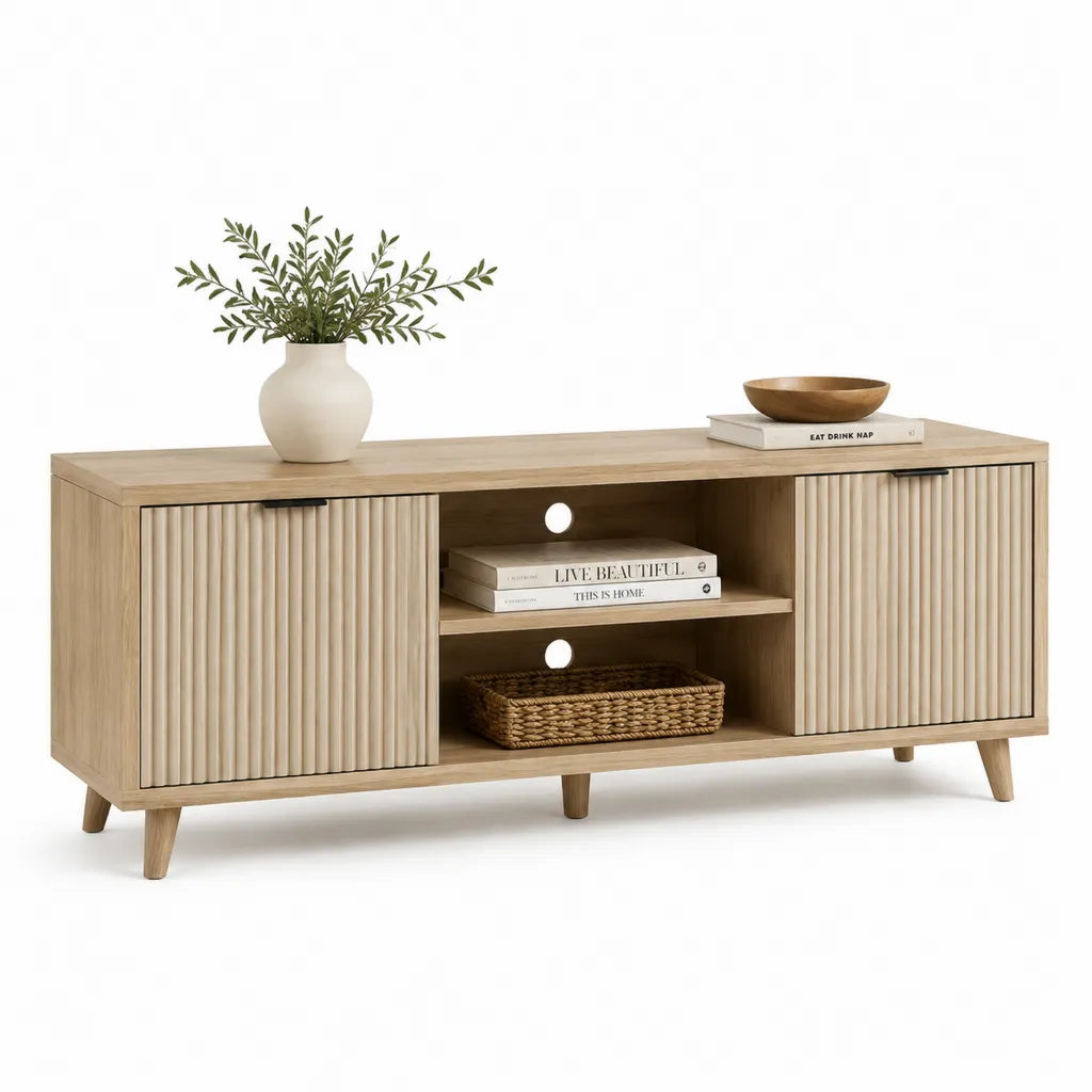 Mobile TV rettangolare in MDF impiallacciato rovere naturale con 2 ante scanalate 140 x 40 x 60 cm