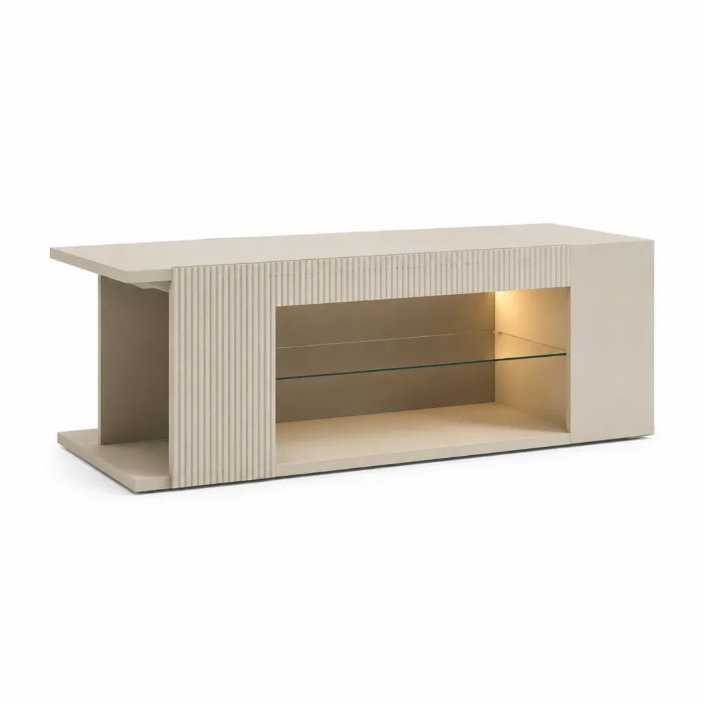 Mobile TV basso con anta scorrevole rigata e LED in MDF beige 160 x 40 x 60 cm