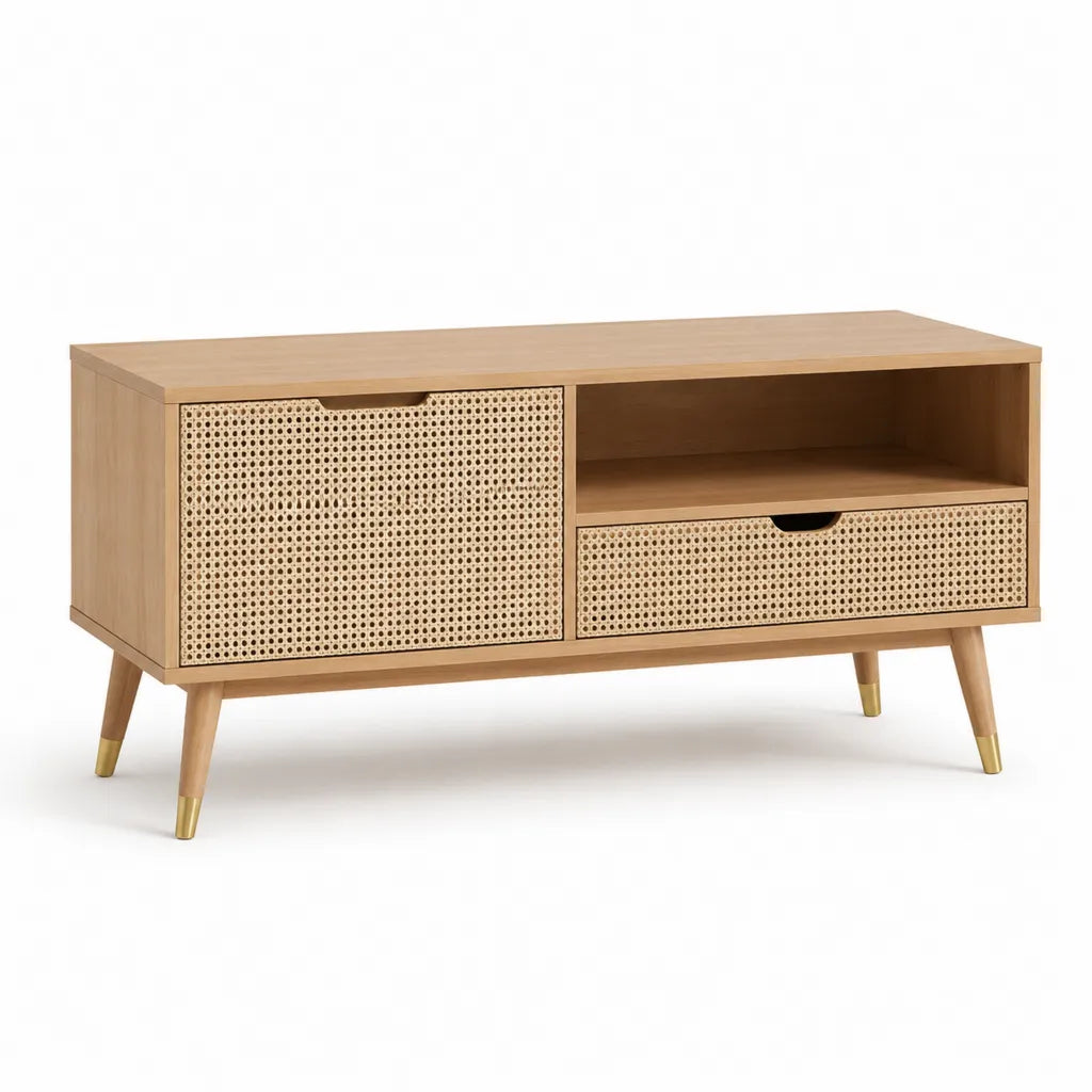 Mobile TV 120 x 40 x 65 cm in MDF effetto rovere con anta e cassetto in rattan naturale beige