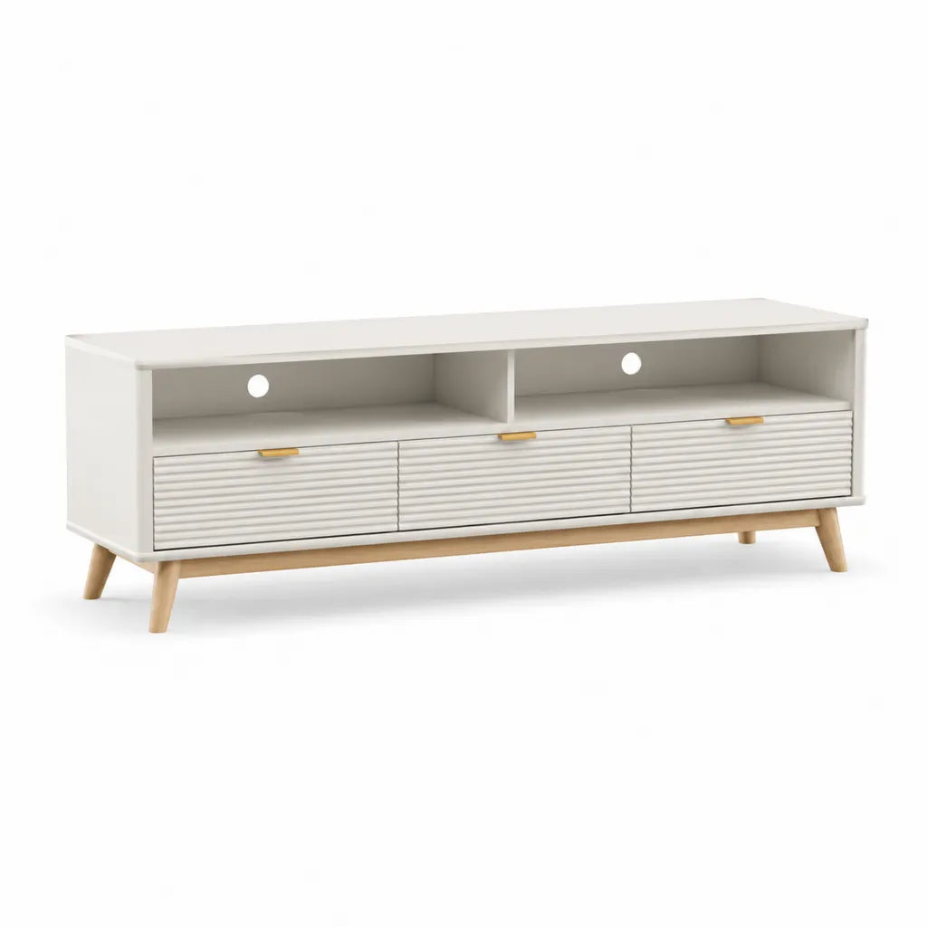 Mobile TV con 3 ante e 2 vani in MDF bianco con gambe in legno massello 160 x 40 x 55 cm